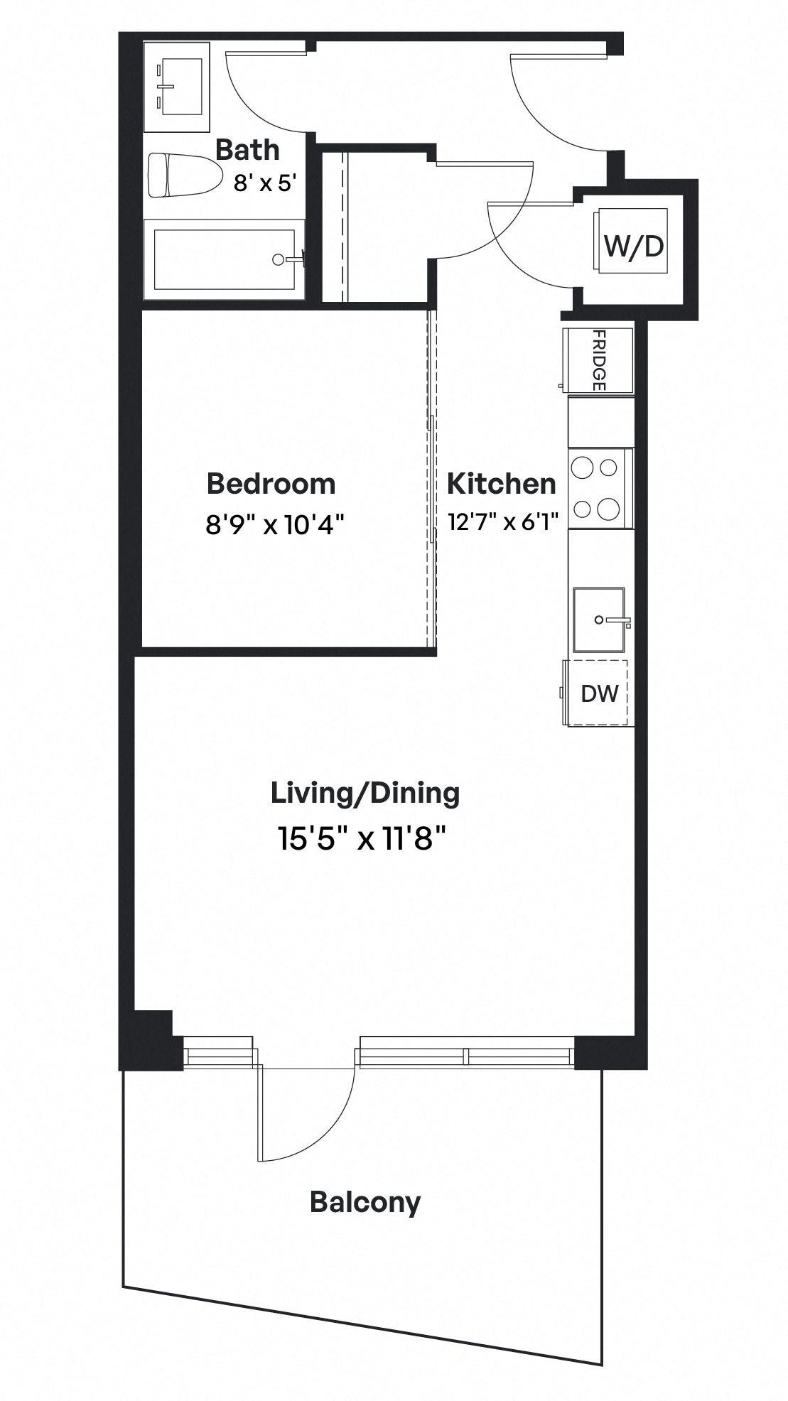 Floor plan for 1 bed, 1 bath, 523 sqft